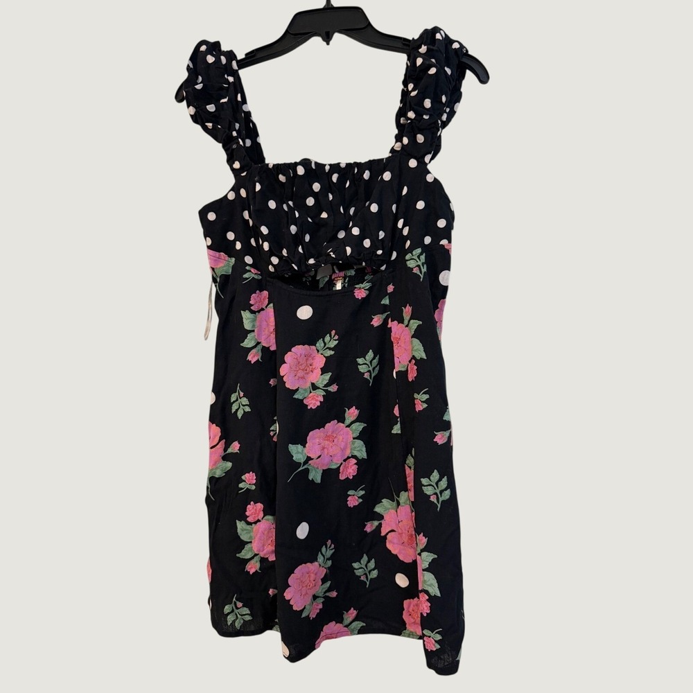 Free People Mini Dress M Floral Polka Dot Cutout Ruffle Fit Flare Black Pink